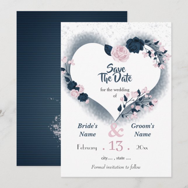 Navy & pink floral heart save the date (Front/Back)