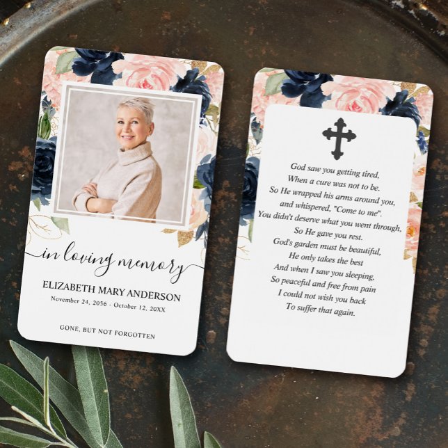 Navy Pink Floral Photo Sympathy Funeral Prayer (Creator Uploaded)