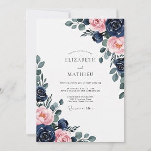 Navy Pink Floral Romantic Wedding Invitation