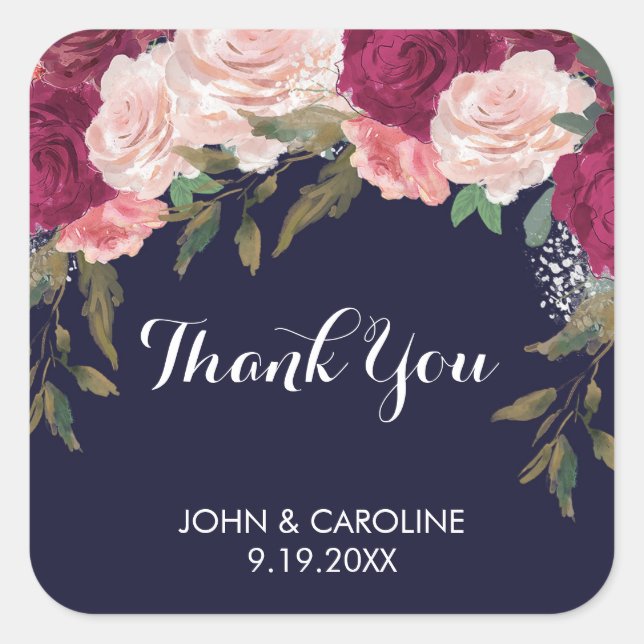 Navy pink floral thank you favors stickers wedding (Front)