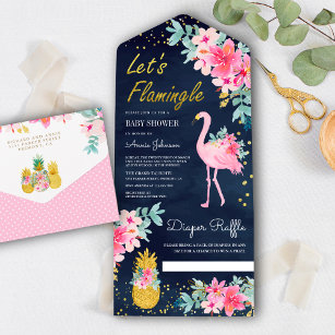 Navy Pink Floral Tropical Flamingo Baby Shower All In One Invitation