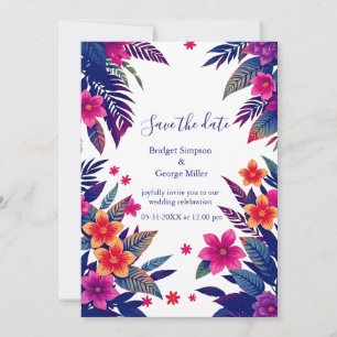 Navy Pink Floral Tropical Hawaii Wedding Invitation