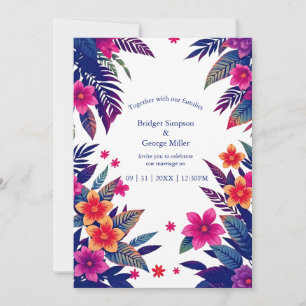 Navy Pink Floral Tropical Hawaii Wedding Invitation