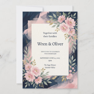 Navy Pink Floral Wedding Invitation