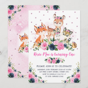 Navy Pink Floral Woodland Forest Animals Birthday Invitation