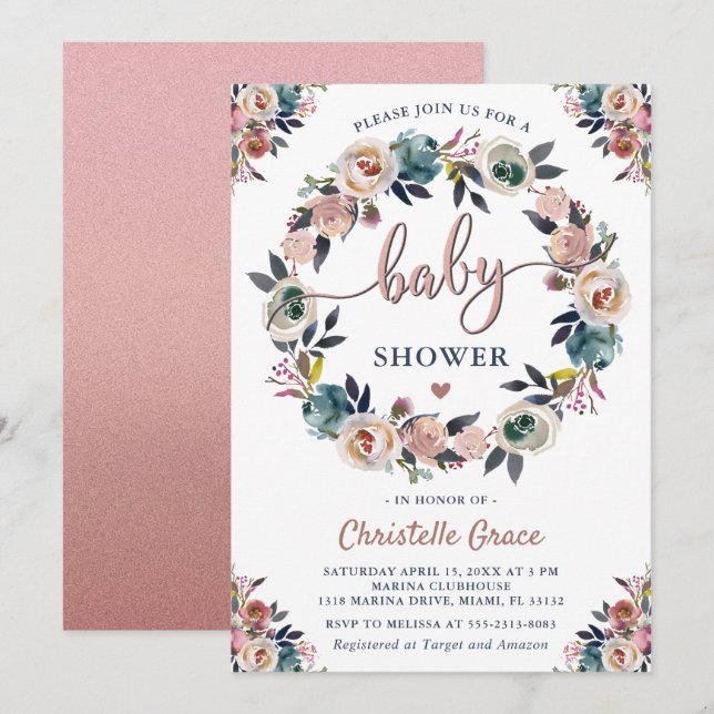 Navy Pink Floral Wreath Gender Neutral Baby Shower Invitation (Front/Back)
