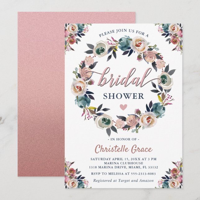 Navy Pink Floral Wreath Rose Gold Bridal Shower Invitation (Front/Back)