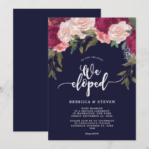 navy pink florals modern we eloped invitation