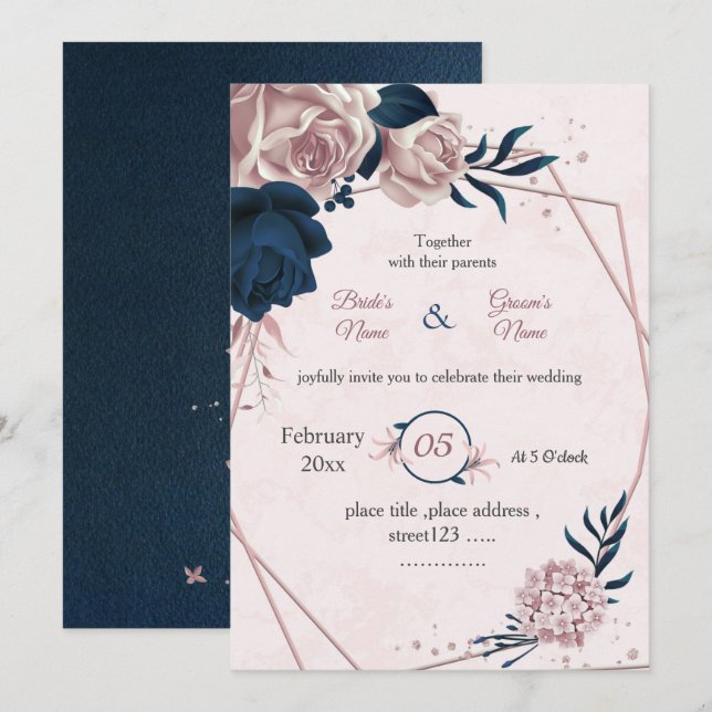 navy & pink flowers botanical geometric wedding invitation (Front/Back)