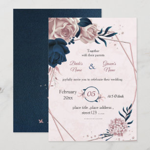 navy & pink flowers botanical geometric wedding invitation