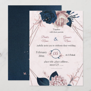 navy & pink flowers botanical geometric wedding invitation