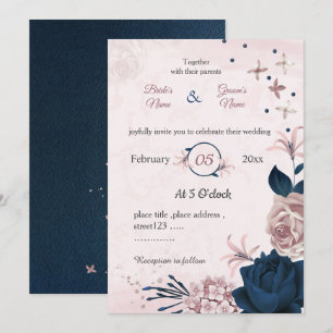 navy & pink flowers botanical wedding invitation