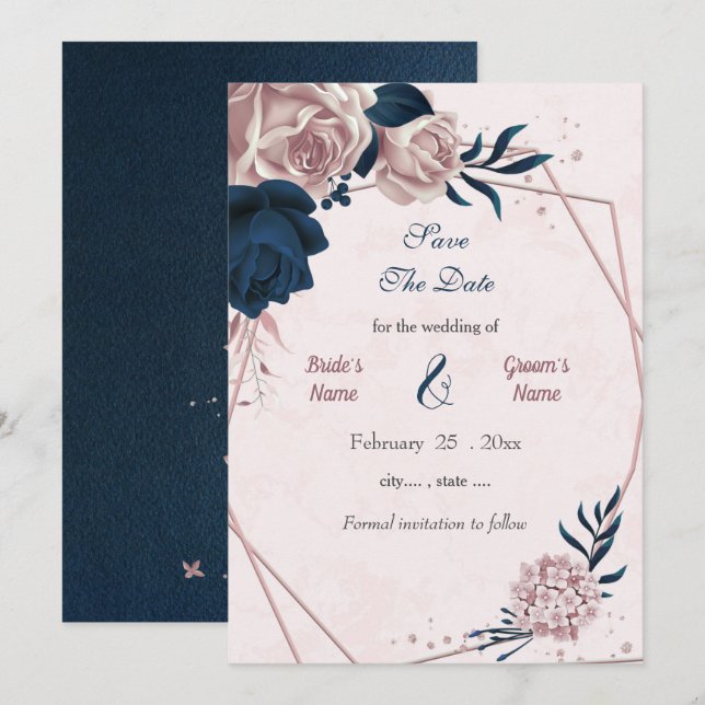 Navy & pink flowers geometric save the date (Front/Back)