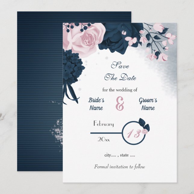 Navy & pink flowers romantic  save the date (Front/Back)