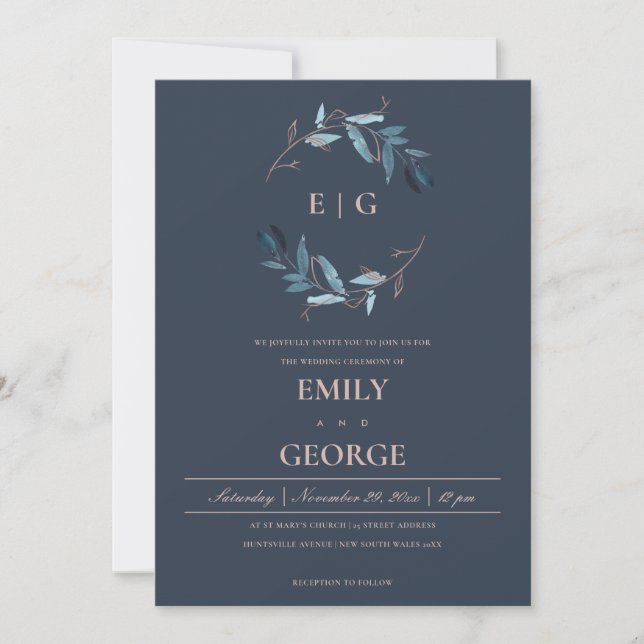 NAVY PINK FOLIAGE WATERCOLOR WASH WREATH WEDDING INVITATION (Front)