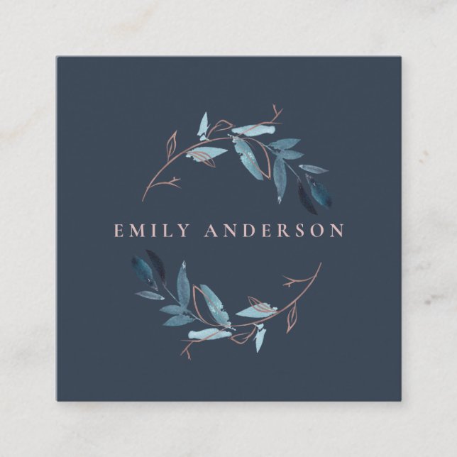 NAVY PINK FOLIAGE WATERCOLOR WREATH PROFESSIONAL SQUARE BUSINESS CARD (Front)