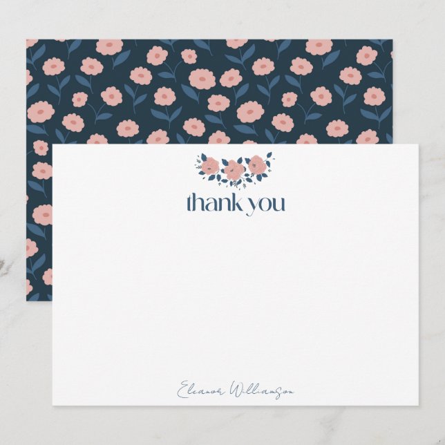 Navy Pink Garden Flower Custom Bridal Shower Thank You Card (Front/Back)