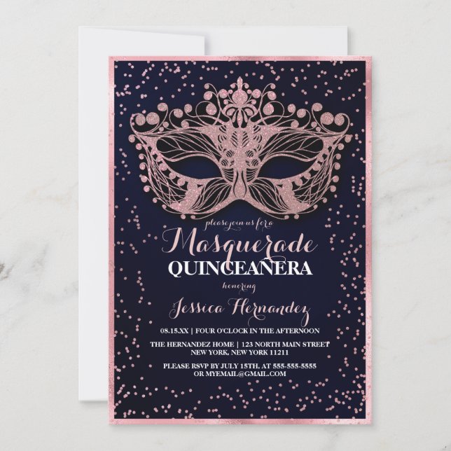 Navy Pink Glitter Confetti Masquerade Quinceañera Invitation (Front)