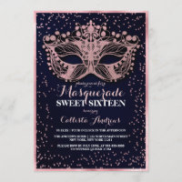 Navy Pink Glitter Confetti Masquerade Sweet 16