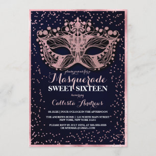 Navy Pink Glitter Confetti Masquerade Sweet 16 Invitation
