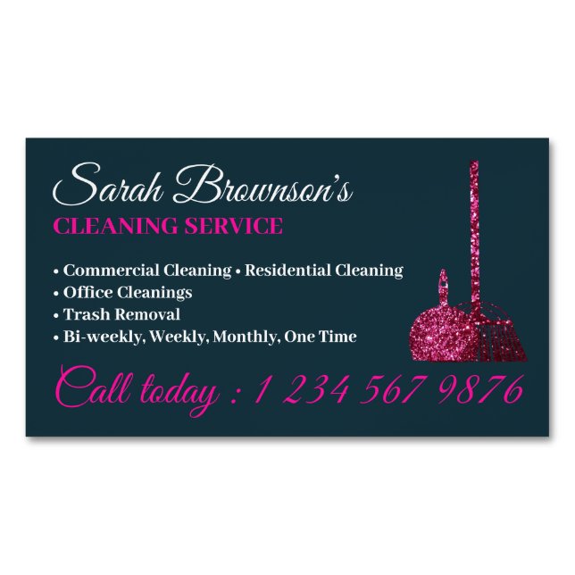 Navy Pink Glitz Glam Cleaning Service Janitorial Magnetic Business Card (Front)