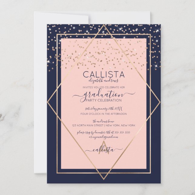 Navy Pink Gold Confetti Border Graduation Invitation (Front)