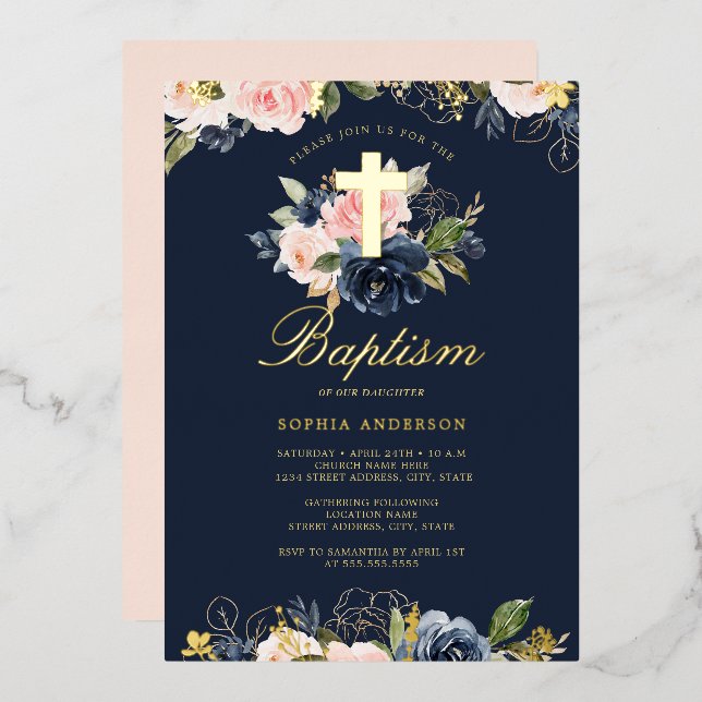 Navy Pink Gold Floral Baptism  (Front/Back)