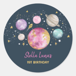 Navy Pink Gold Outer Space Girls Birthday Party Classic Round Sticker