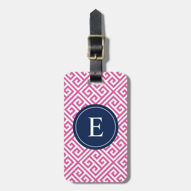 Navy & Pink Greek Key | Luggage Tag (Front Vertical)
