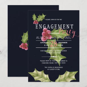 Navy pink holly berry winter engagement party invitation