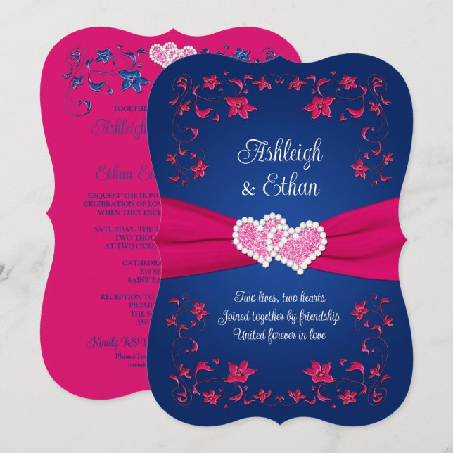Navy, Pink Love Hearts Wedding Invitation (Front/Back)