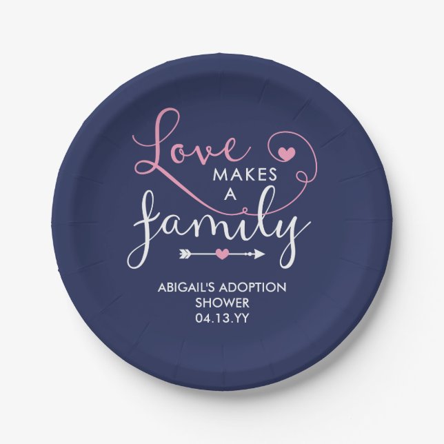 Navy & Pink Love Makes A Family Adoption Shower Paper Plate (Front)