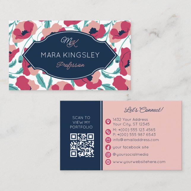 Navy Pink Modern Poppy Pattern Monogram Business Card (Front/Back)