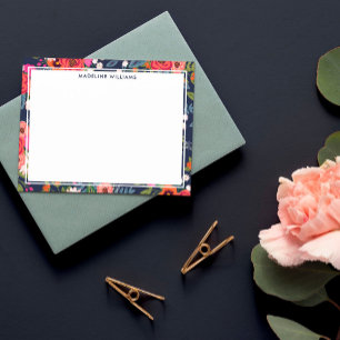 Navy Pink Orange Boho Floral Border With Name Card