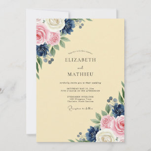 Navy Pink Painted Wedding Invitation