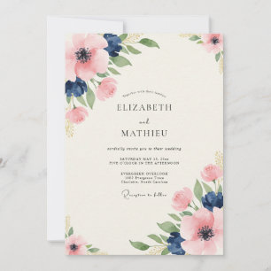 Navy Pink Painterly Floral Wedding Invitation