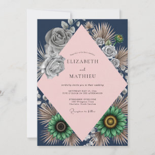 Navy Pink Palm Eucalyptus Wedding Invitation