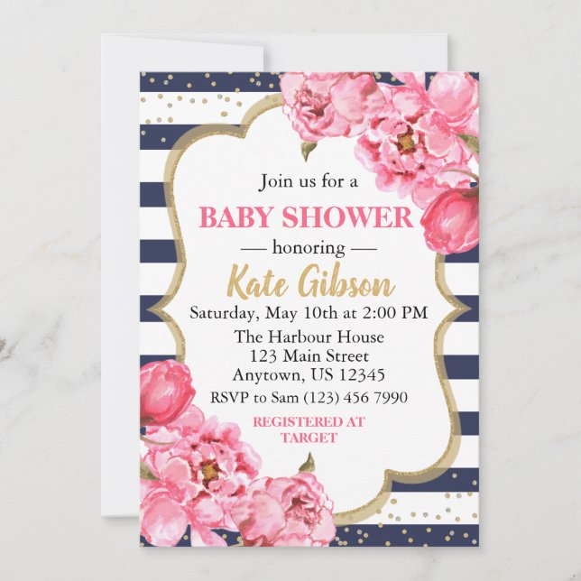Navy & Pink Peony Floral Baby Shower Invitation (Front)