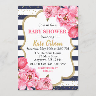 Navy & Pink Peony Floral Baby Shower Invitation