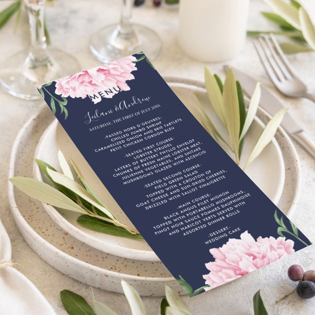 Navy Pink Peony Watercolor Wedding Menu (Elegant pink peony botanical floral for your beautiful wedding day reception menu.)