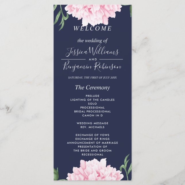 Navy Pink Peony Watercolor Wedding Program Menu (Front)