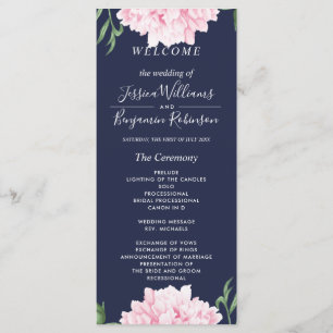 Navy Pink Peony Watercolor Wedding Program Menu