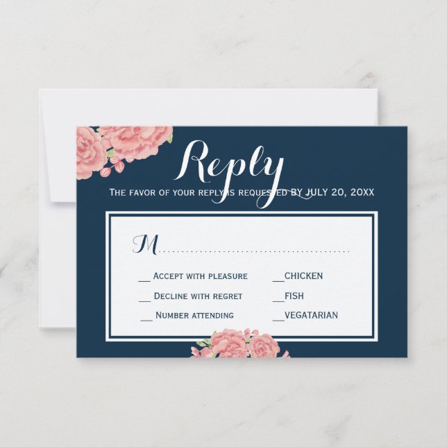 Navy pink peony wedding response meal choice RSVP (Front)