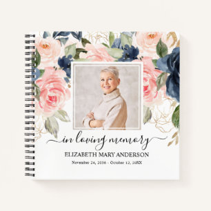 Navy Pink Photo Funeral Watercolor Guest Book