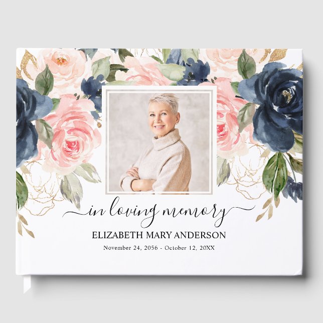 Navy Pink Photo Sympathy Funeral Watercolor Guest Book (Front)
