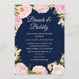 Navy Pink Rose Brunch and Bubbly Bridal Shower Invitation