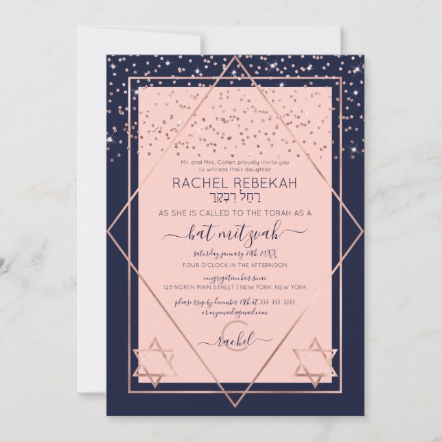 Navy Pink Rose Gold Confetti Border Bat Mitzvah Invitation (Front)