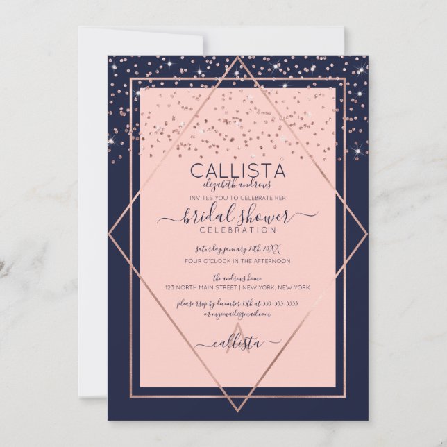 Navy Pink Rose Gold Confetti Border Bridal Shower Invitation (Front)