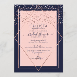 Navy Pink Rose Gold Confetti Border Bridal Shower Invitation