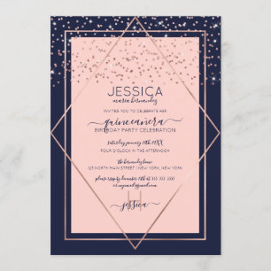 Navy Pink Rose Gold Confetti Border Quinceañera Invitation